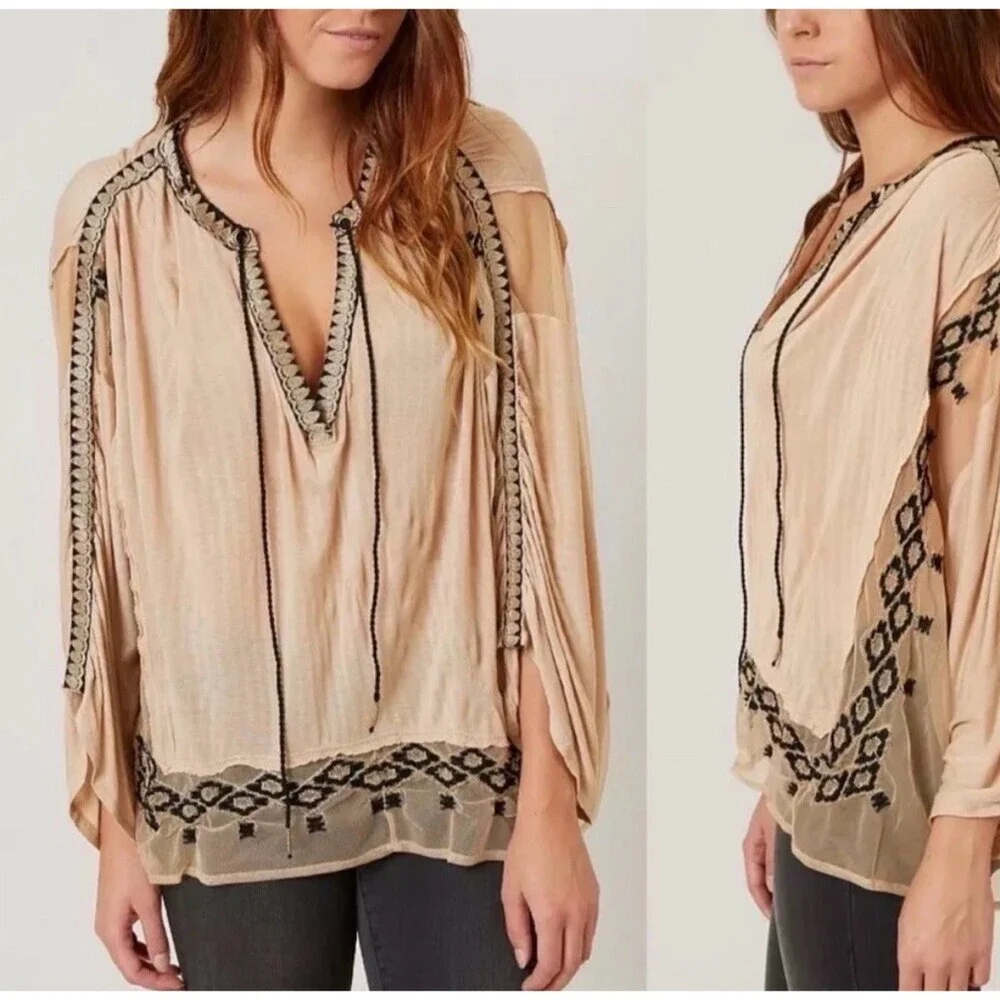 Free People Tunic Blouse Womens S Ivory Boho Embroidered V-Neck